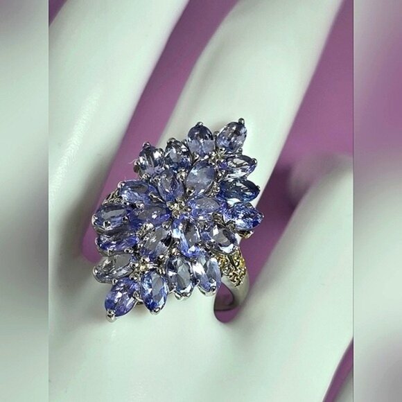 925 Sterling Silver Ring Sz 9 with Natural Oval Tanzanite & Sapphire Gems - Picture 2 of 8